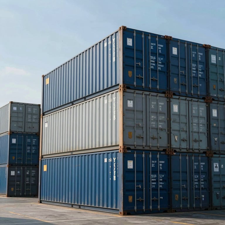 Intermodal shipping containers stacked neatly at a port, featuring various shades of blue and gray under a clear sky.