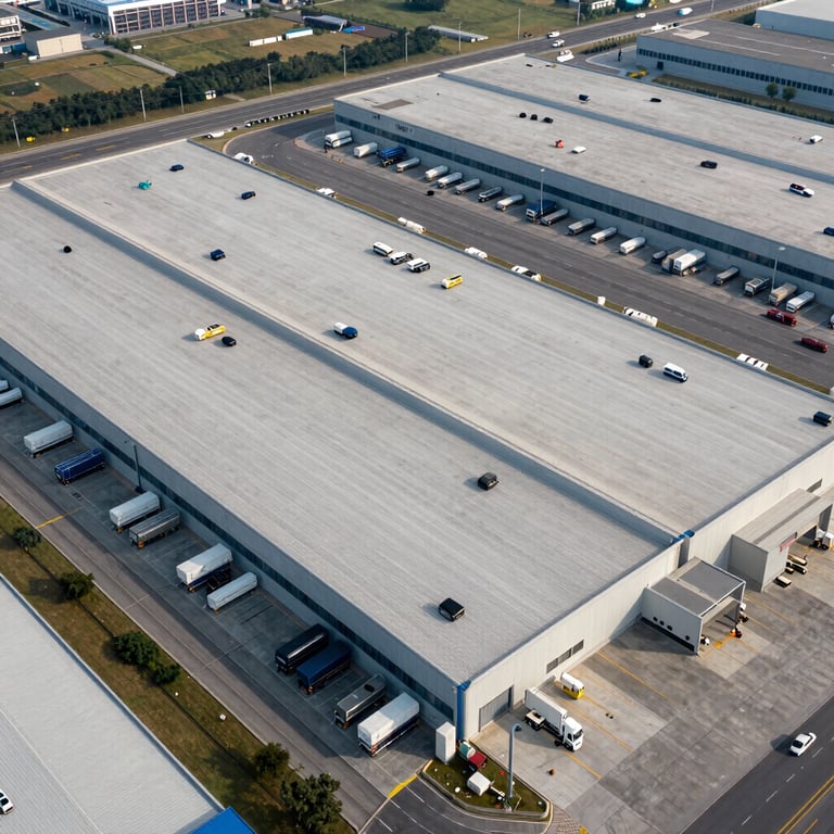 Aerial view of a logistics facility showing organized transport routes and efficient architectural design.