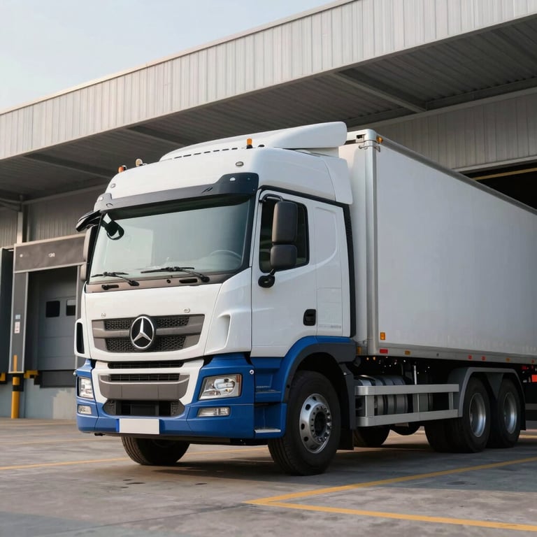 Modern white cargo truck with corporate blue detailing parked at a sleek loading dock during daytime.