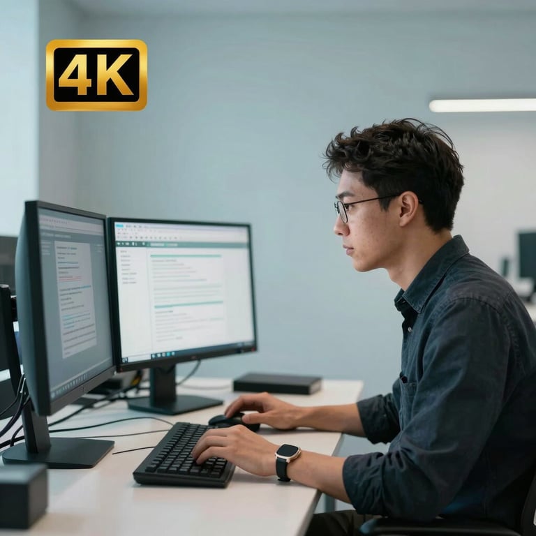 A professional analyst working at a dual-monitor station in a modern, minimal office with pale ice blue walls.