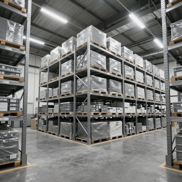 Wide shot of a massive, clean warehouse with soft silver gray shelving and bright, efficient lighting.