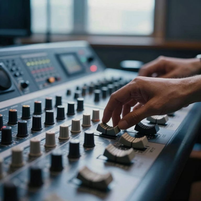Close-up of a vintage analog soundboard in a recording studio, hands adjusting a dial under soft natural window light, deep blue tones, shallow depth of field, 35mm.