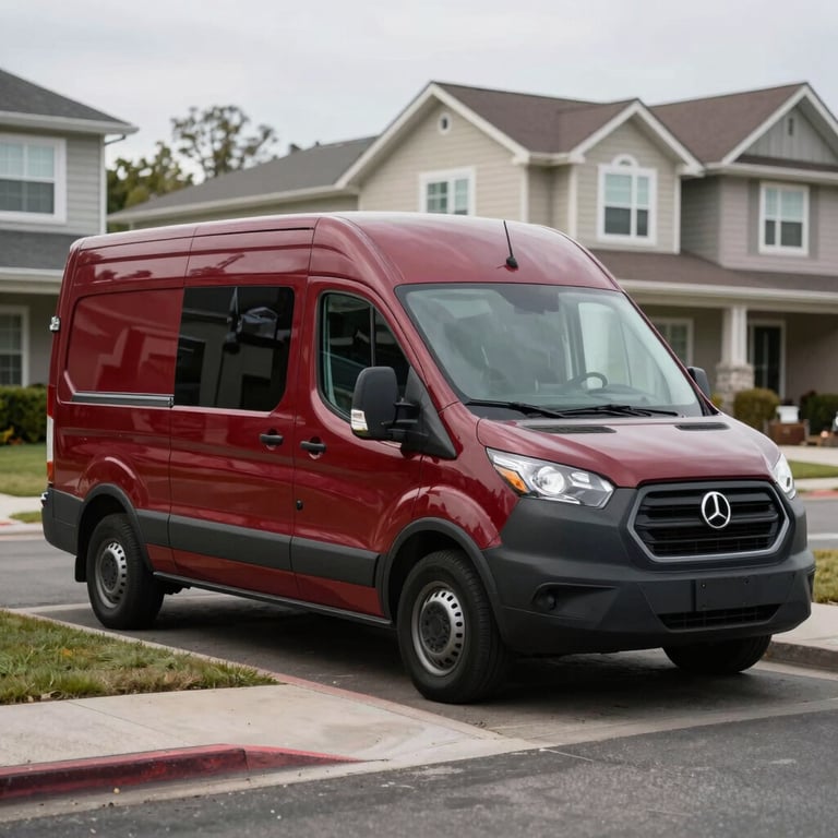 A service van with professional deep red and dark slate branding parked in a tidy US residential neighborhood.
