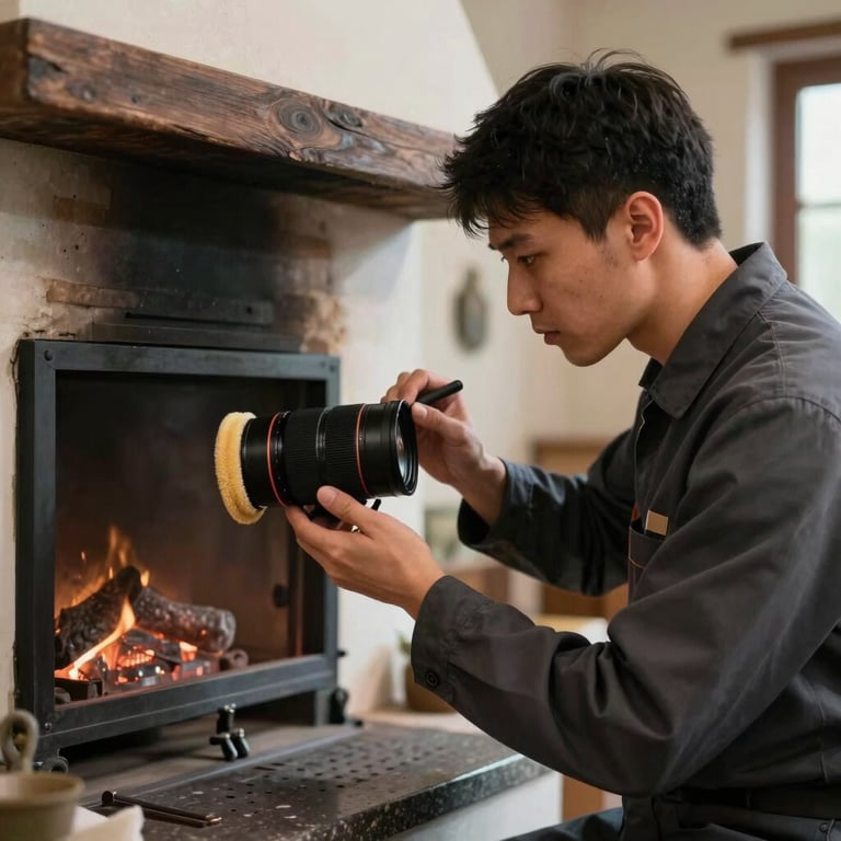 A professional technician in a dark slate uniform carefully cleaning a traditional hearth indoors.
