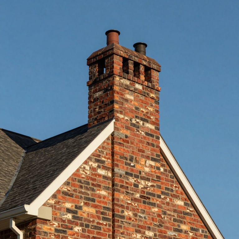 A well-maintained brick chimney on a modern North American house against a clear blue sky.
