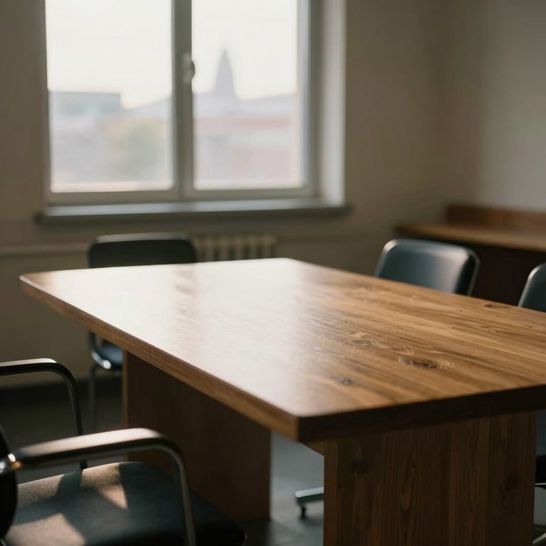A quiet, empty consultation room with warm side-lighting, a heavy oak table, and a soft-focus civic landmark visible through the window.