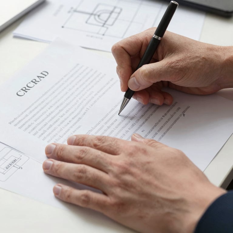 Close-up of professional hands signing a structured contract next to technical drawings, bright natural daylight, clean composition.