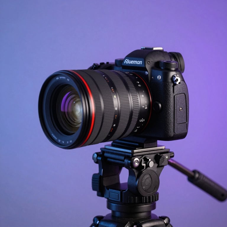 A close-up of a high-end camera lens on a tripod in a professional studio, soft blue violet backlighting, North American setting.