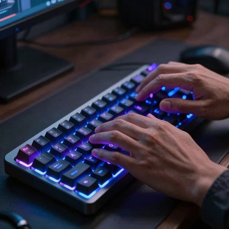 Hands typing on a backlit mechanical keyboard with bright blue violet LEDs in a dimly lit tech environment.