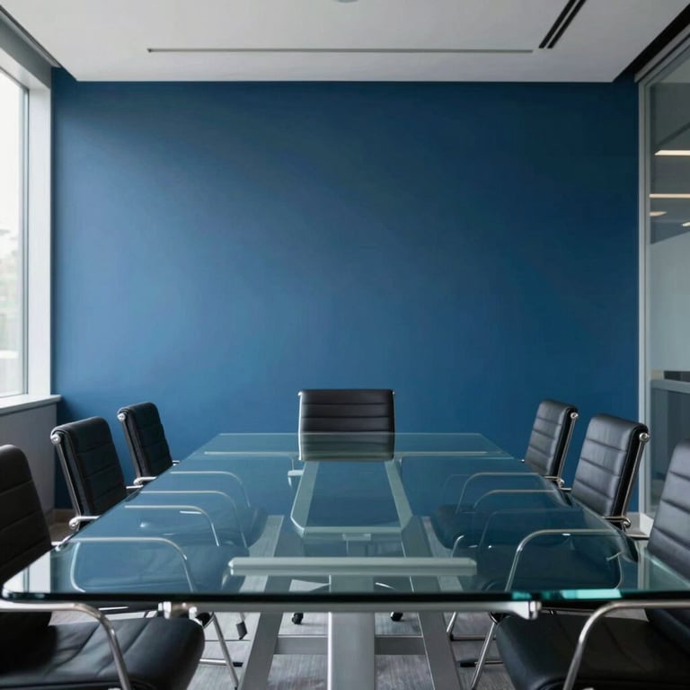 A minimalist meeting room with indigo accent walls and a large glass table in a modern corporate building.