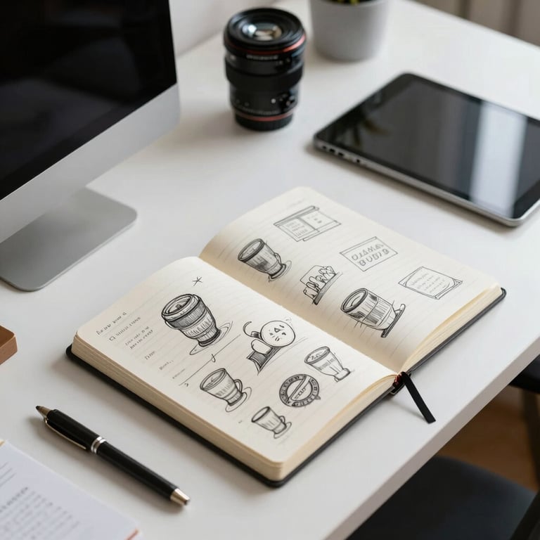 A modern workspace with an aesthetic arrangement of notebooks, digital tablets, and branding sketches on a white desk.