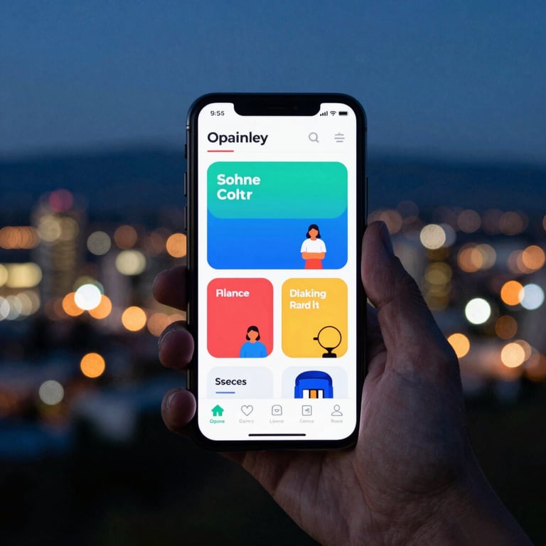 A sleek smartphone held against a backdrop of Spokane Valley city lights at night, displaying a vibrant marketing app.