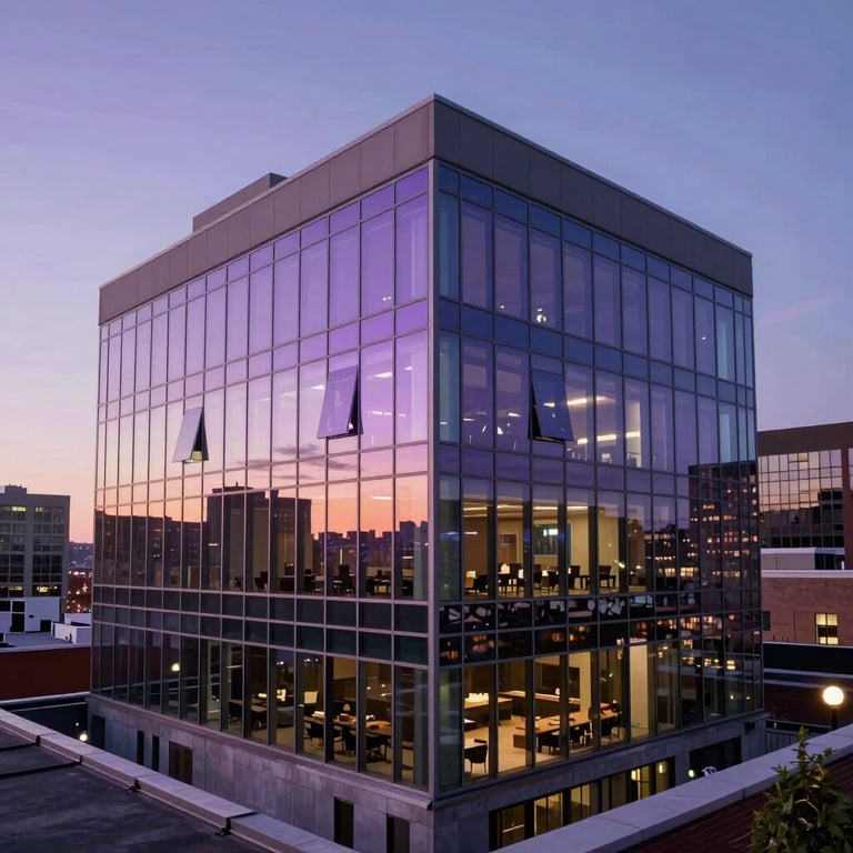 A stylish North American urban rooftop office at dusk with purple ambient lighting and sleek glass walls.