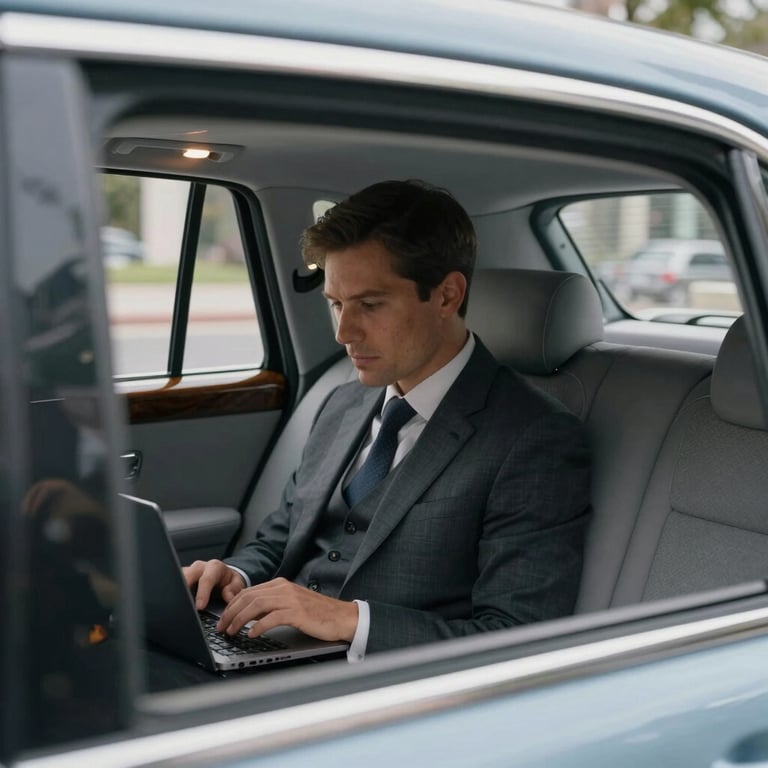 Interior view of a chauffeur-driven luxury car with a passenger working on a laptop, soft light blue gray accents.