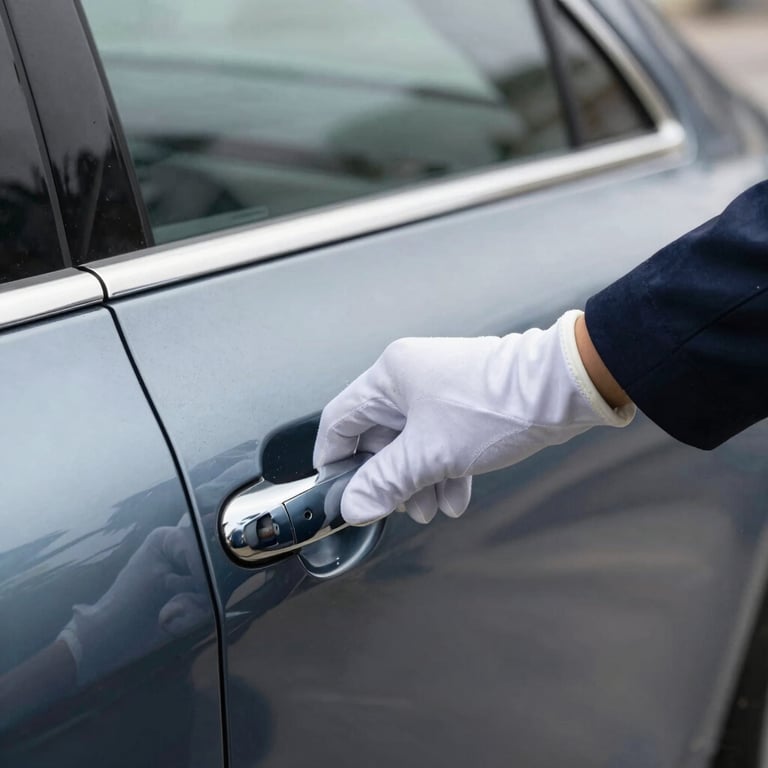 Detail of a gloved hand opening a luxury car door, reflecting professional service and steel blue tones.