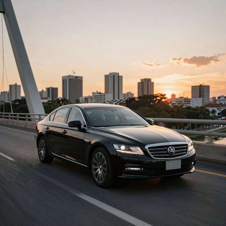 A black executive sedan driving on a modern bridge in a South American metropolis during sunset.