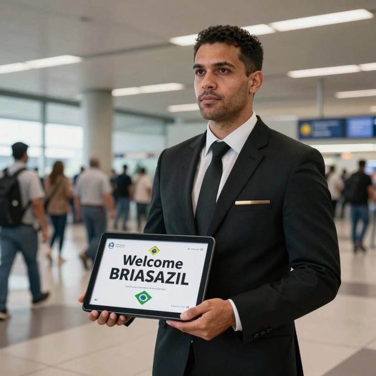 Chauffeur in formal attire holding a customized welcome tablet at a busy Brazilian airport arrivals hall.