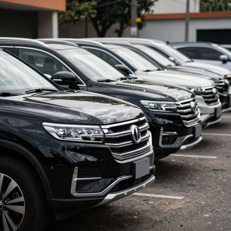 Row of perfectly polished black SUVs prepared for a corporate event in a South American urban setting.