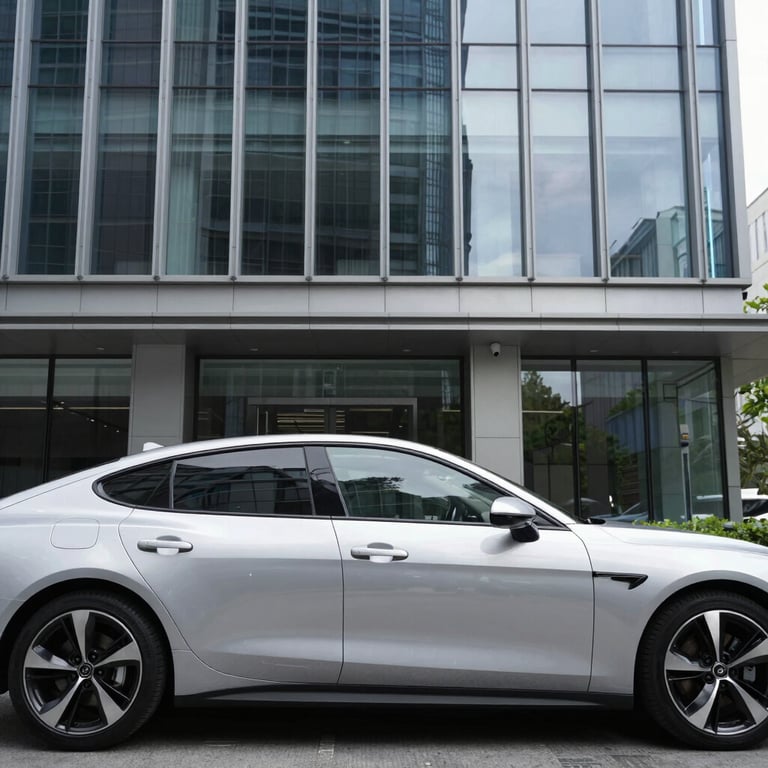 Side profile of a premium silver car parked in front of a modern steel and glass skyscraper.