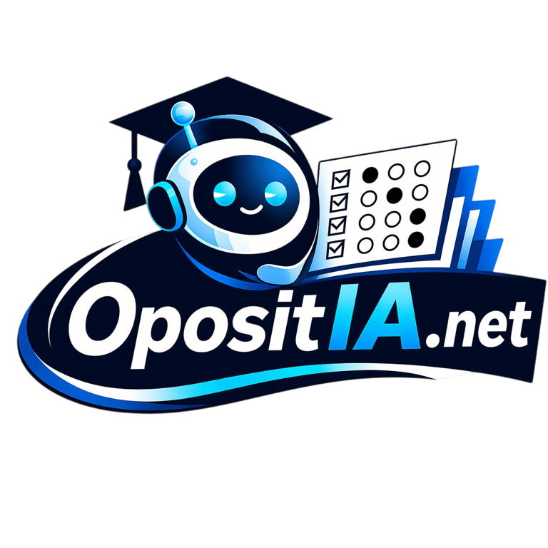 OpositIA.net logo featuring a blue AI robot wearing a graduation cap next to a test answer sheet.