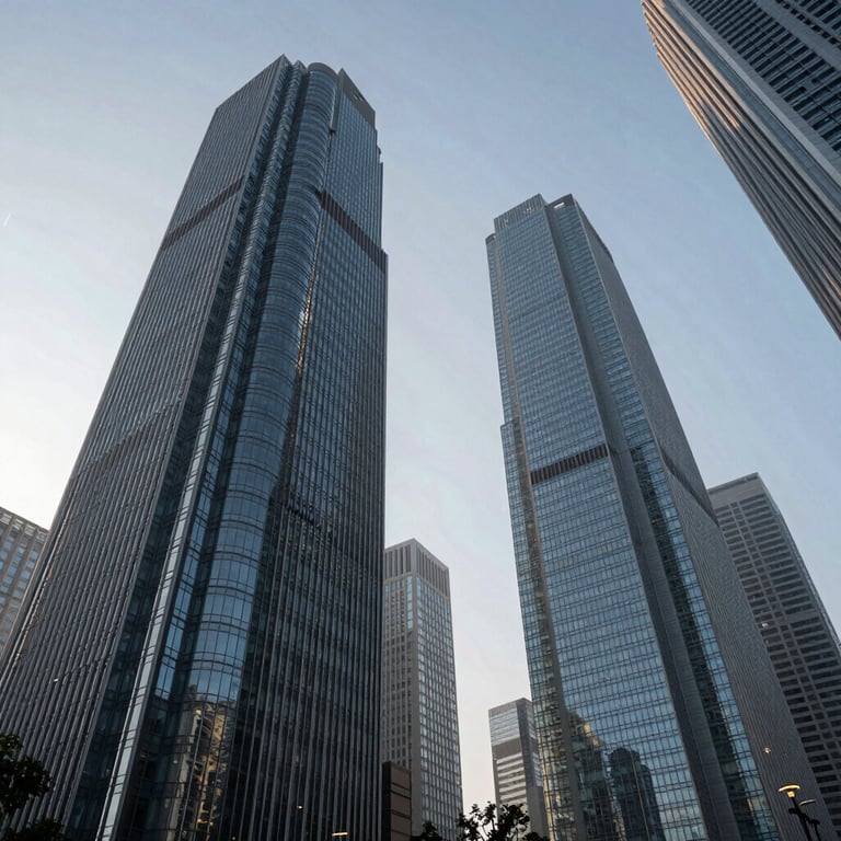 Low-angle shot of sleek corporate skyscrapers in an international trade hub, with a palette of blues and greys.