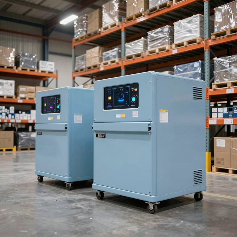 Interior view of a high-tech warehouse with organized steel shelving and light blue logistics equipment, clean and modern aesthetic.