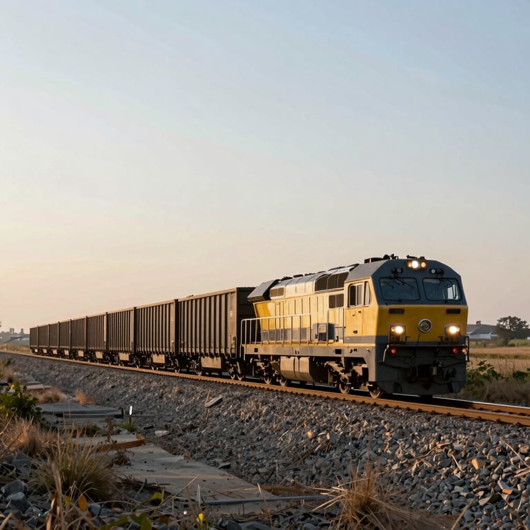 A long freight train carrying industrial goods through a clean, open landscape under soft morning light.