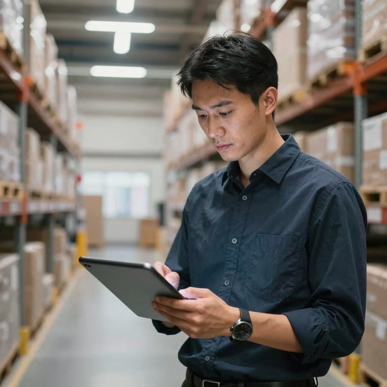 Detailed photography of a logistics manager using a digital tablet inside a bright, modern distribution center.