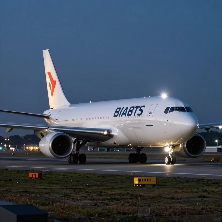 Professional wide-shot of a modern cargo plane on a runway at night with bright landing lights, conveying global reach in an International / Corporate Business context.