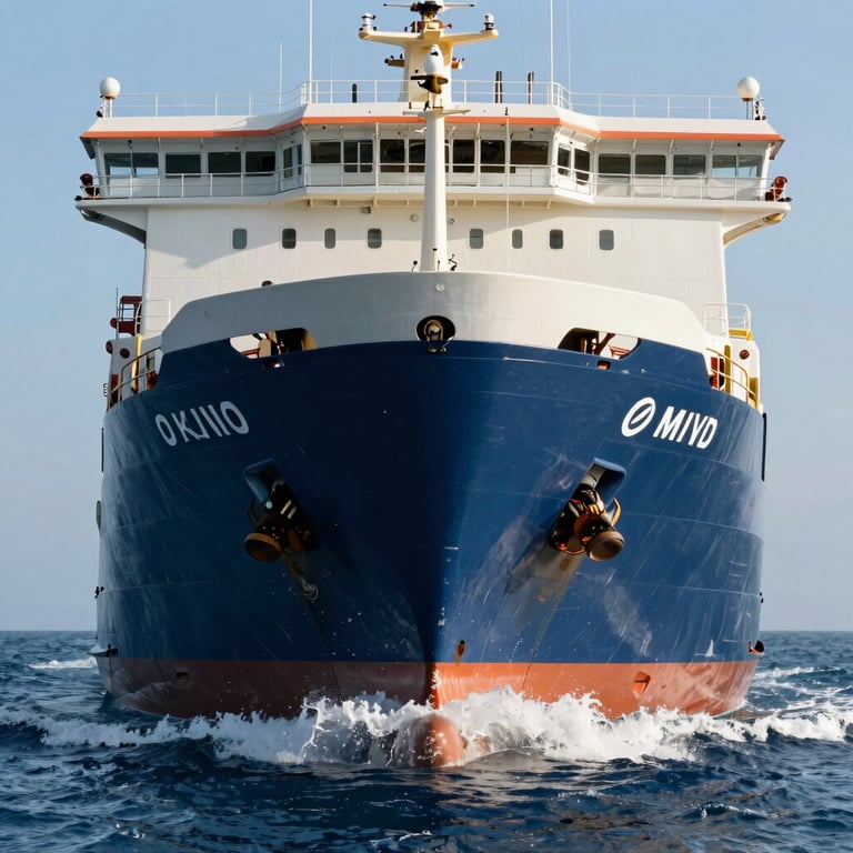 A close-up of a commercial trade vessel's bow cutting through deep blue water under clear skies.