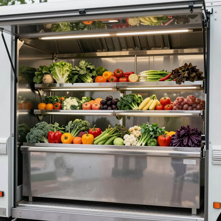 Internal view of a spotless, modern food truck kitchen with stainless steel equipment and organized fresh produce.