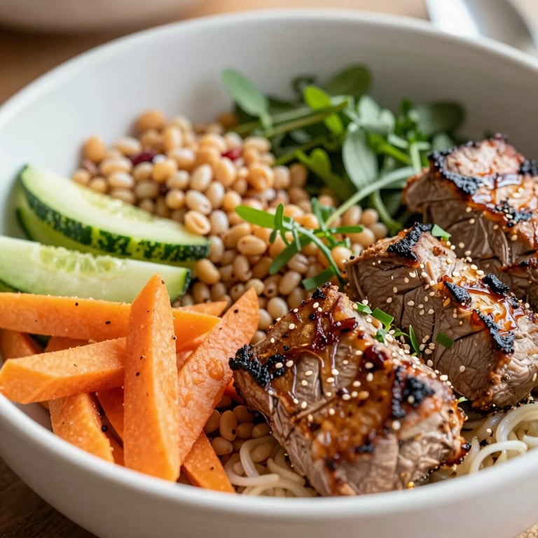 Close-up of a colorful healthy grain bowl with fresh vegetables and grilled protein, bright and appetizing lighting.