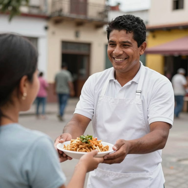 A friendly vendor in a clean apron handing a meal to a customer in a South American urban square.