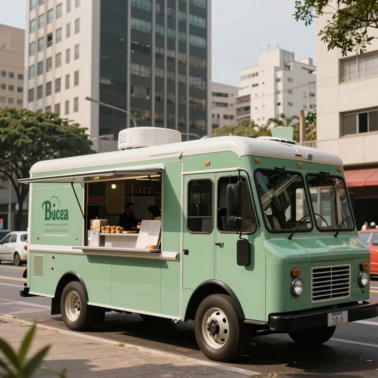 A stylish food truck parked in a busy Brazilian business district during lunch hour, modern design with medium green tones.
