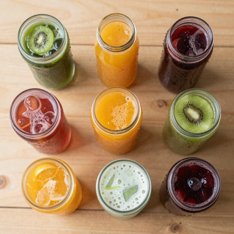 Top-down shot of various healthy street food options arranged on a light wood surface, including fresh fruit juices.