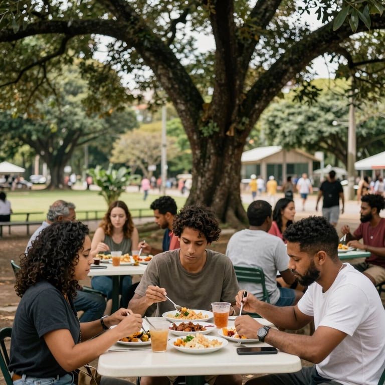 A group of diverse people enjoying meals at outdoor tables under a large tree in a Brazilian park setting.
