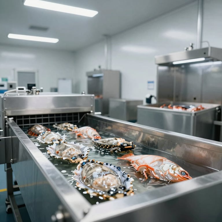 Interior of a high-tech seafood processing facility with stainless steel surfaces and clean, minimalist design.