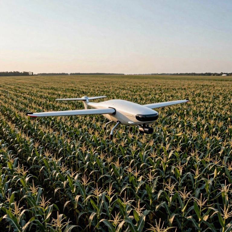 A drone captured from a low angle hovering over a vast, productive corn field in North America under soft, professional lighting.