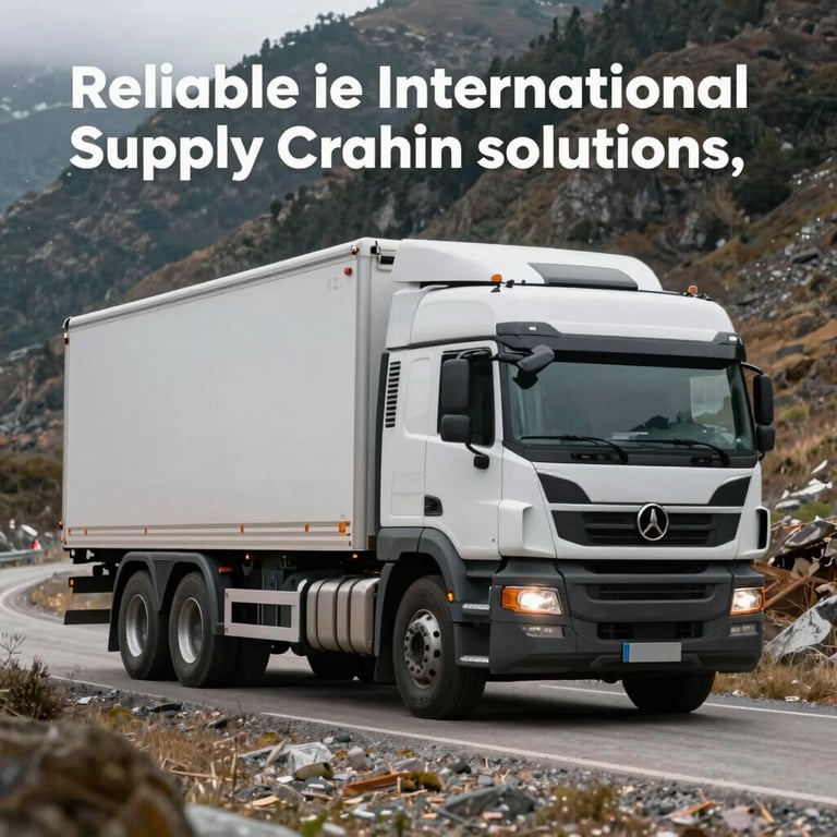 A modern heavy-duty truck driving through a mountainous landscape, illustrating reliable international supply chain solutions.