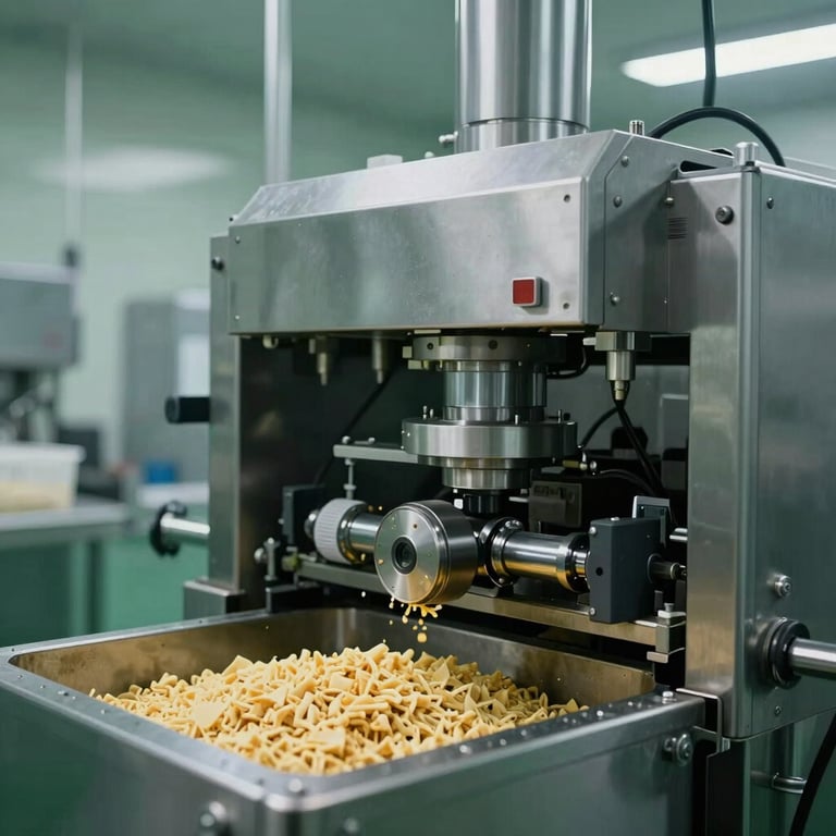 Automated machinery in a processed food factory characterized by a sophisticated, sterile aesthetic and muted green tones.