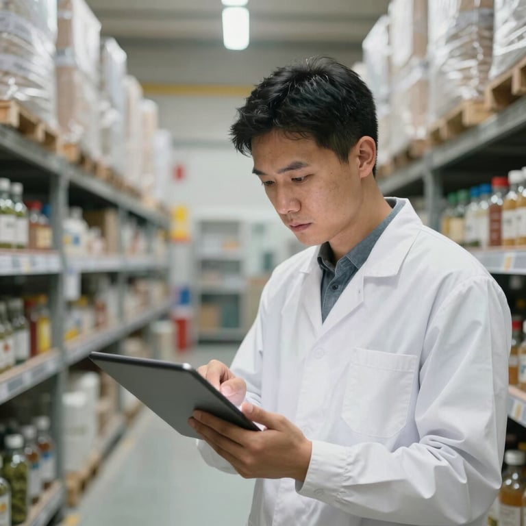 An expert in a professional white shirt examining an inventory tablet in a clean, spacious agrifood distribution center.