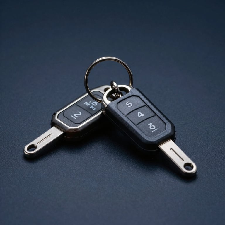 Modern automotive switchblade keys displayed on a dark blue background with professional studio lighting.