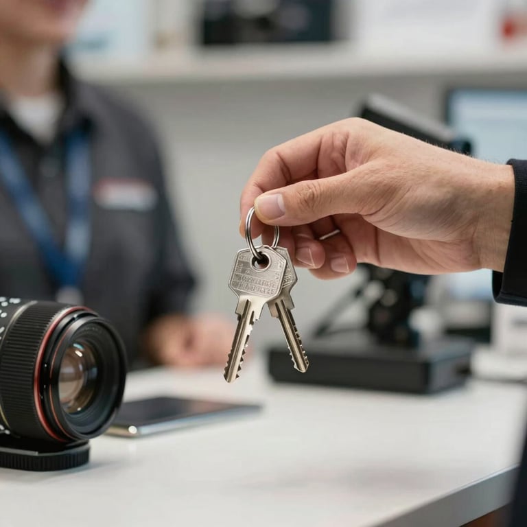 Close-up of a new set of silver keys being handed to a satisfied customer at a professional shop counter.