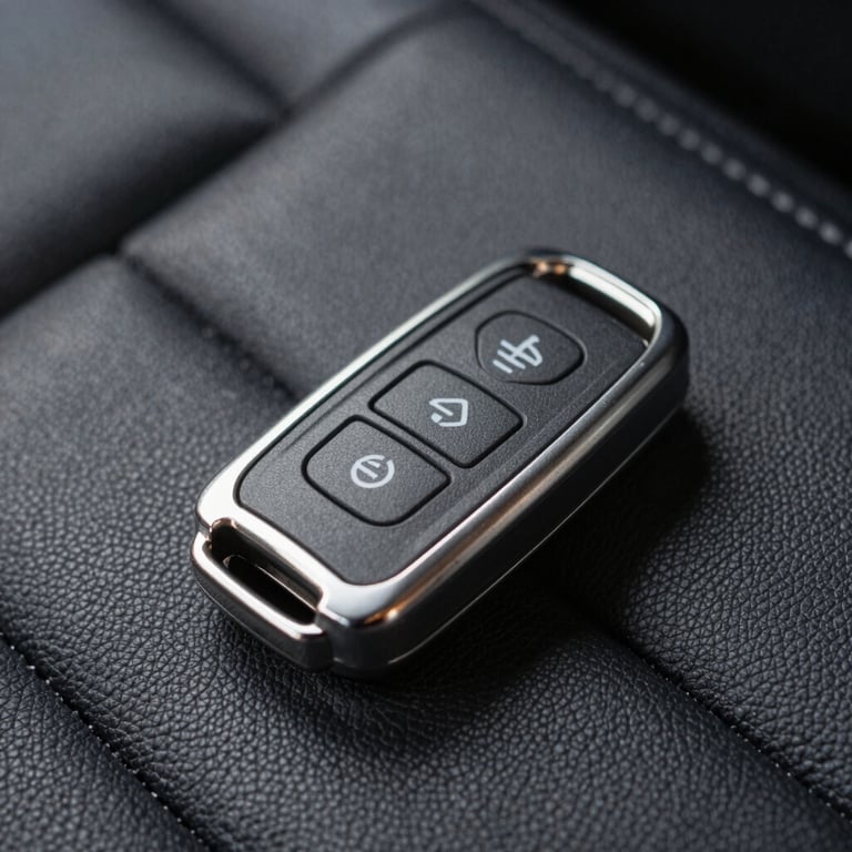 Close-up of a high-tech car key fob resting on a leather car seat, detailed texture and soft lighting.