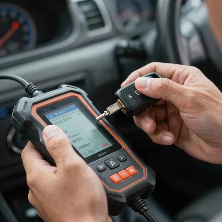Close-up of a locksmith programming a vehicle transponder key using a digital diagnostic tool in a South American / Brazilian car.