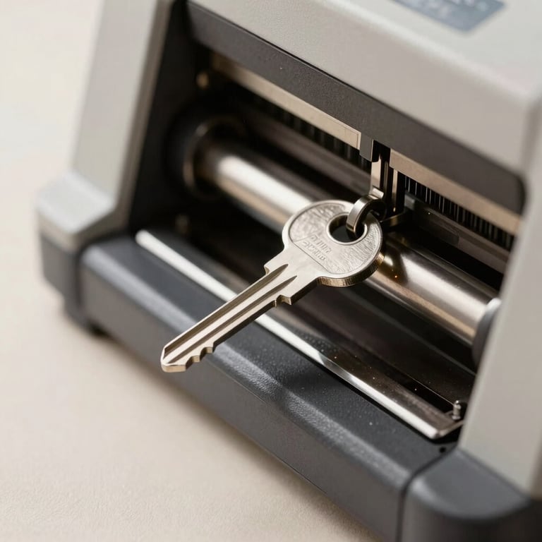 A shiny silver key being precisely cut on a modern duplicating machine, sparks flying subtly, off-white background.