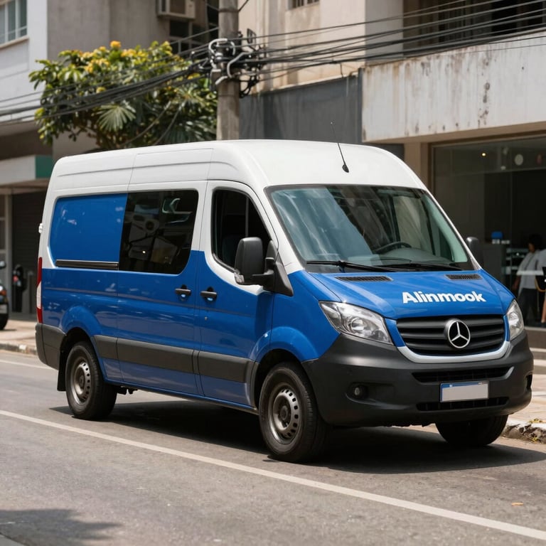 A locksmith service van with professional deep blue accents parked on a clean, sunny street in Sao Paulo.