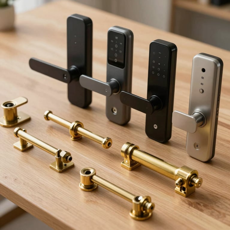 A collection of modern smart locks and traditional brass deadbolts displayed on a clean wooden surface.