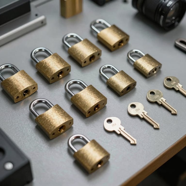 A set of heavy-duty security padlocks and keys arranged neatly on a grey workbench.