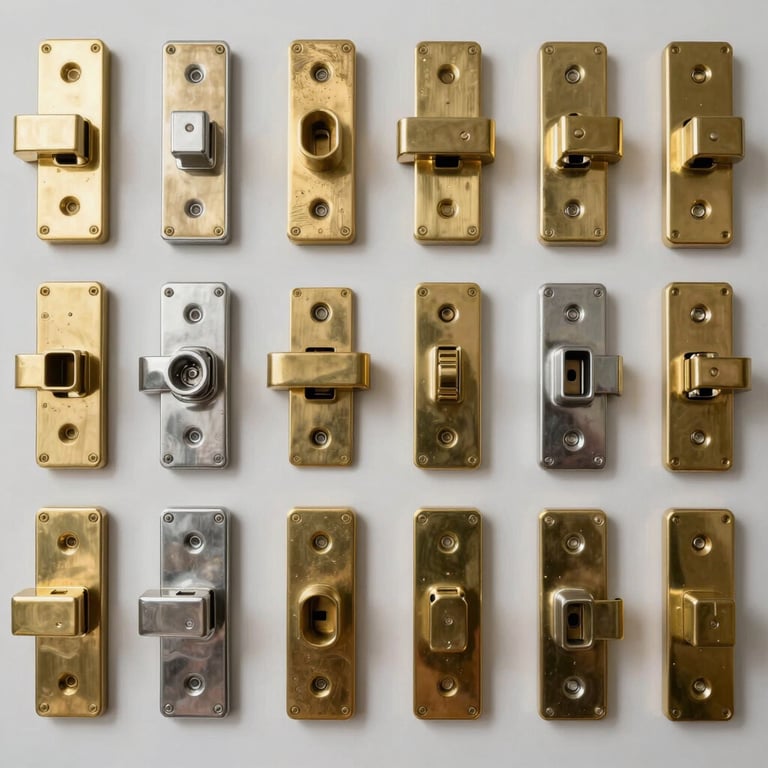 A collection of high-security brass and silver door locks and deadbolts arranged neatly for display.